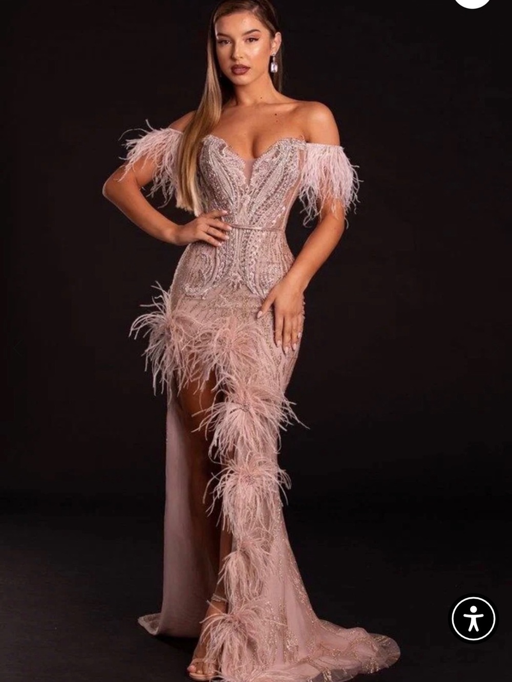 Off-Shoulder Feather Embellished Pink Evening Dress
